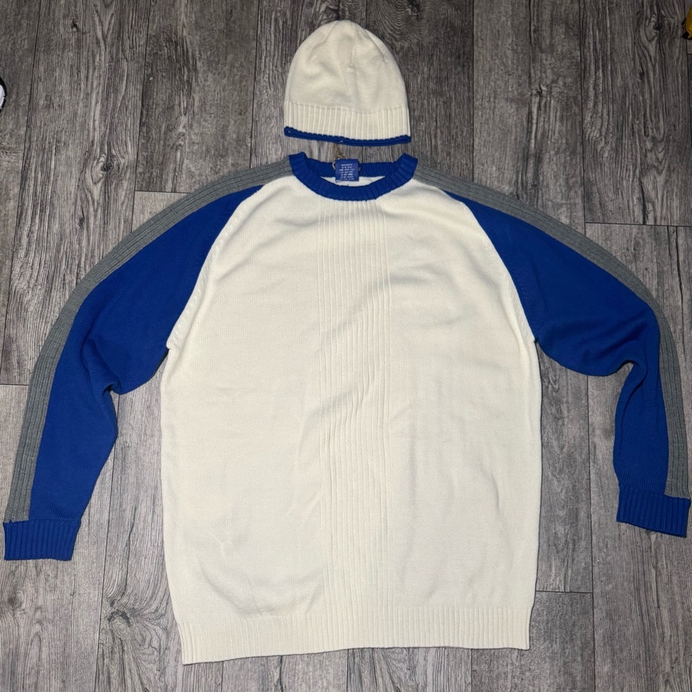 Vintage Blue and White Men's PJ MARK Sweater with Hat